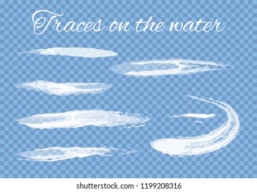 Traces on water splashes set transparent background vector. Lines left by boats, ships or other sea and ocean vessels. Brushes and abstract drawing