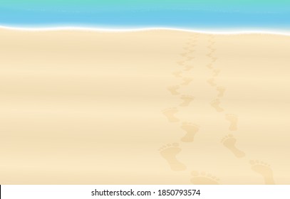 Traces in the sand of a love couple. Sandy beach with footprints towards the cooling sea. Vector illustration.
