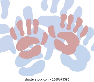 Traces of small pink palms on a light background. The symbol of childhood. EPS10 vector illustration