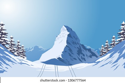 Traces of snow skis on the snow mountain