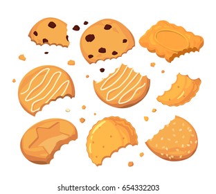 Traces from stings on the cookies and different small crumbs. Cartoon vector illustration set