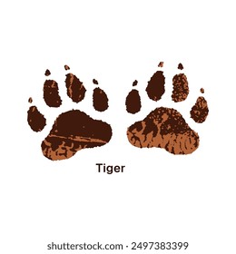 Traces of tiger icon. Print of big cat paw with inscription. Jungle predator tracks on ground. Wild animal claws silhouettes, footprint, trails. Flat isolated vector illustration on white background