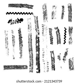 Traces from the tire tread of a car, motorcycle or bicycle. Motocross, rally, track, traces of grungy wheels. Vector texture.