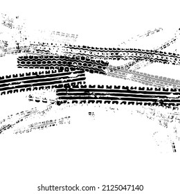Traces from the tire tread of a car, motorcycle or bicycle. Motocross, rally, track, traces of grungy wheels. Vector texture.