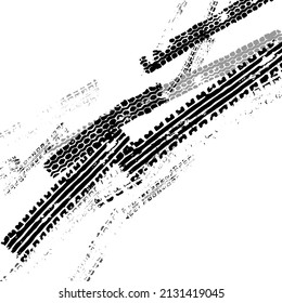 Traces from the tire tread of a car, motorcycle or bicycle. Motocross, rally, track, traces of grungy wheels. Vector texture.
