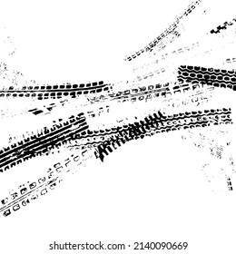 Traces from the tire tread of a car, motorcycle or bicycle. Motocross, rally, track, traces of grungy wheels. Vector texture.