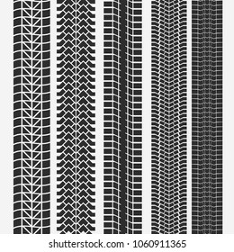 Traces of tires, tire track set, tread marks silhouette, vertical seamless pattern for machine and vehicle wheel print. vector