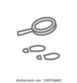 Traces under magnifying glass line icon.