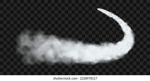 Rastros de humo blanco de un avión, un cohete o una nave espacial lanzados. Ilustración vectorial 3d realista aislada en un fondo transparente.