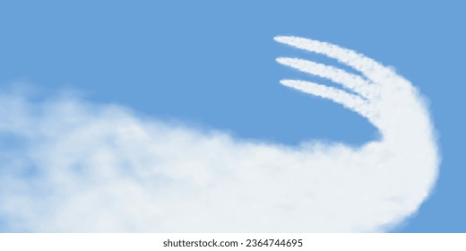 Traces of white smoke from an airplane, rocket or spacecraft launch. Realistic 3d vector illustration isolated on blue background.