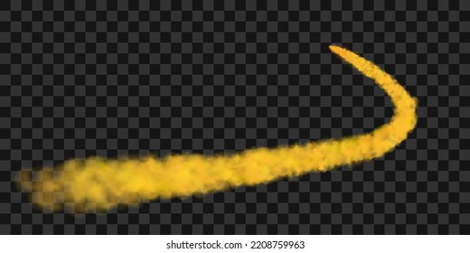 Traces of yellow smoke from an airplane, rocket or spacecraft launch. Realistic 3d vector illustration isolated on transparent background.