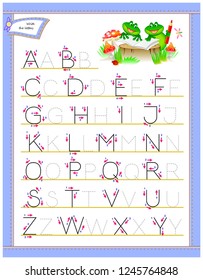 Tracing ABC letters for study English alphabet. Worksheet for kids. Education page for kindergarten. Back to school. Developing children skills for writing and reading. Vector cartoon image.
