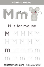 Tracing all English alphabet letters. Preschool activity for kids. Writing uppercase and lowercase letter M. Cute illustration of gray mouse. Printable worksheet. 