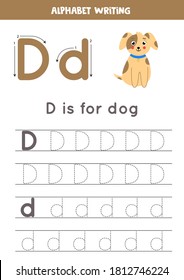 Tracing all letters of English alphabet. Preschool activity for kids. Writing uppercase and lowercase letter D. Cute illustration of dog. Printable worksheet. 