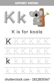 Tracing all letters of English alphabet. Preschool activity for kids. Writing uppercase and lowercase letter K. Cute illustration of koala. Printable worksheet. 