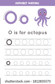 Tracing all letters of English alphabet. Preschool activity for kids. Writing uppercase and lowercase letter O. Cute illustration of octopus. Printable worksheet. 