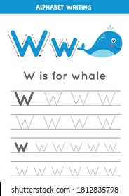 Tracing all letters of English alphabet. Preschool activity for kids. Writing uppercase and lowercase letter W. Cute illustration of whale. Printable worksheet. 