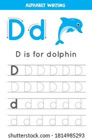Tracing all letters of English alphabet. Preschool activity for kids. Writing uppercase and lowercase letter D. Cute illustration of dolphin. Printable worksheet. 