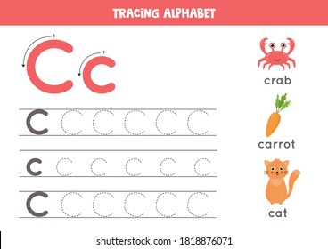 Tracing all letters of English alphabet. Preschool activity for kids. Writing uppercase and lowercase letter C. Cute illustration of dolphin. Printable worksheet. svg