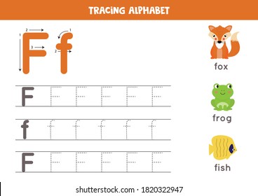 Tracing all letters of English alphabet. Preschool activity for kids. Writing uppercase and lowercase letter F. Cute illustration of fox, frog, fish. Printable worksheet. svg