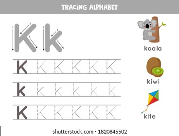 Tracing all letters of English alphabet. Preschool activity for kids. Writing uppercase and lowercase letter K. Cute illustration of koala, kiwi, kite. Printable worksheet.