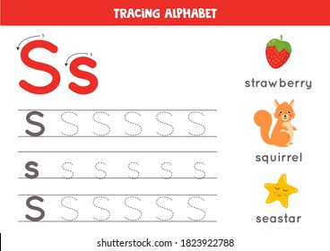 Tracing all letters of English alphabet. Preschool activity for kids. Writing uppercase and lowercase letter S. Cute illustration of squirrel, strawberry, sea star. Printable worksheet. svg