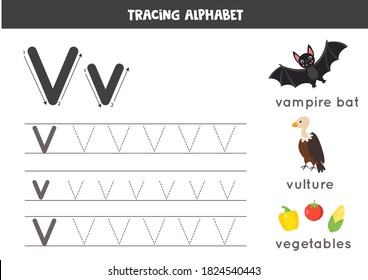 Tracing all letters of English alphabet. Preschool activity for kids. Writing uppercase and lowercase letter V. Cute illustration of vulture, vegetable, vampire bat. Printable worksheet. svg