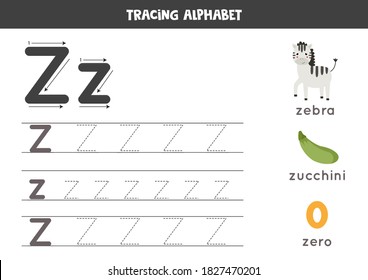 Tracing all letters of English alphabet. Preschool activity for kids. Writing uppercase and lowercase letter Z. Cute illustration of zebra, zero, zucchini. Printable worksheet.