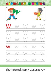 Tracing all letters of the English alphabet. kids activity book.Hand Writing uppercase and lowercase letter W. Printable worksheet. little girl and boy holding letters. preschool workbook pages. 