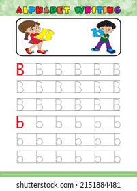 Tracing all letters of the English alphabet. kids activity book. Hand Writing uppercase and lowercase letter B. Printable worksheet. little girl and boy holding letters. preschool workbook pages. 