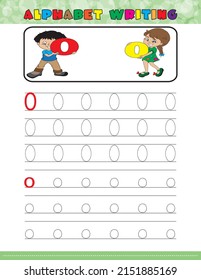 Tracing all letters of the English alphabet. kids activity book. Hand Writing uppercase and lowercase letter O. Printable worksheet. little girl and boy holding letters. preschool workbook pages. 