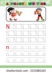 Tracing All Letters Of The English Alphabet. Kids Activity Book. Hand Writing Uppercase And Lowercase Letter N. Printable Worksheet. Little Girl And Boy Holding Letters. Preschool Workbook Pages. 
