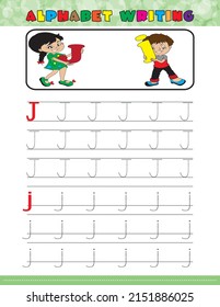 Tracing All Letters Of The English Alphabet. Kids Activity Book. Hand Writing Uppercase And Lowercase Letter J. Printable Worksheet. Little Girl And Boy Holding Letters. Preschool Workbook Pages. 