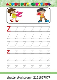Tracing all letters of the English alphabet. kids activity book. Hand Writing uppercase and lowercase letter Z. Printable worksheet. little girl and boy holding letters. preschool workbook pages. 

