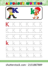 Tracing all letters of the English alphabet. kids activity book. Hand Writing uppercase and lowercase letter K. Printable worksheet. little girl and boy holding letters. preschool workbook pages. 
