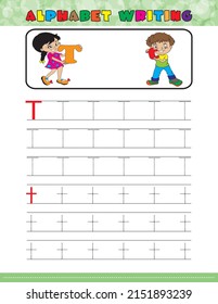 Tracing all letters of the English alphabet. kids activity book. Hand Writing uppercase and lowercase letter T. Printable worksheet. little girl and boy holding letters. preschool workbook pages. 