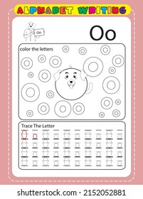 Tracing all letters of the English alphabet. kids activity book. Hand Writing uppercase and lowercase letter O. Printable worksheet. cute dog alphabet big letter. kids coloring pages. 