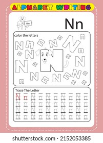 Tracing All Letters Of The English Alphabet. Kids Activity Book. Hand Writing Uppercase And Lowercase Letter N. Printable Worksheet. Cute Dog Alphabet Big Letter. Kids Coloring Pages. 