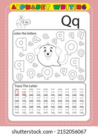 Tracing All Letters Of The English Alphabet. Kids Activity Book. Hand Writing Uppercase And Lowercase Letter Q. Printable Worksheet. Cute Dog Alphabet Big Letter. Kids Colouring Pages. 