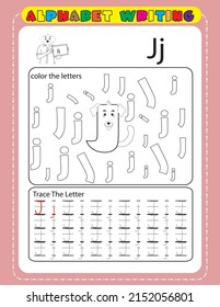 Tracing All Letters Of The English Alphabet. Kids Activity Book. Hand Writing Uppercase And Lowercase Letter J. Printable Worksheet. Cute Dog Alphabet Big Letter. Kids Colouring Pages. 