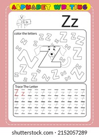 Tracing all letters of the English alphabet. kids activity book. Hand Writing uppercase and lowercase letter Z. Printable worksheet. cute dog alphabet big letter. kids colouring pages. 