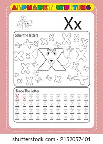 Tracing all letters of the English alphabet. kids activity book. Hand Writing uppercase and lowercase letter X. Printable worksheet. cute dog alphabet big letter. kids colouring pages. 