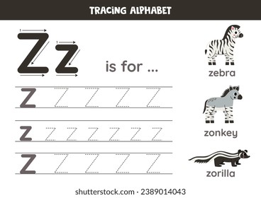 Tracing all letters of English alphabet. Preschool activity for kids. Writing uppercase and lowercase letter z.  Cute illustration of zonkey, zebra, zorilla.  Printable worksheet.