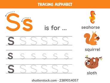 Tracing all letters of English alphabet. Preschool activity for kids. Writing uppercase and lowercase letter s. Printable worksheet. Cute illustration of squirrel, sloth, seahorse. 