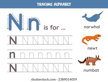 Tracing all letters of English alphabet. Preschool activity for kids. Writing uppercase and lowercase letter N.  Cute illustration of narwhal, numbat, newt. Printable worksheet.