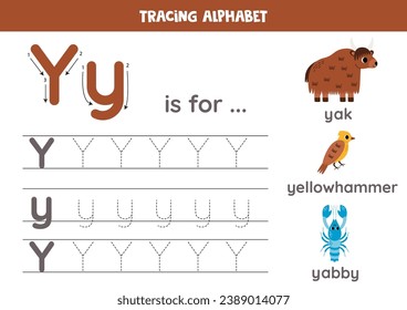 Tracing all letters of English alphabet. Preschool activity for kids. Writing uppercase and lowercase letter y. Printable worksheet. Cute illustration of yak, yabby, yellowhammer.