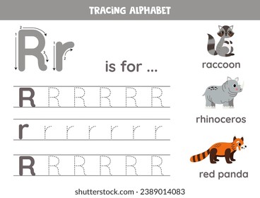 Tracing all letters of English alphabet. Preschool activity for kids. Writing uppercase and lowercase letter R. Printable worksheet.  Cute illustration of raccoon, red panda, rhinoceros.