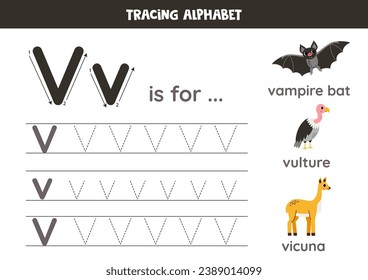 Tracing all letters of English alphabet. Preschool activity for kids. Writing uppercase and lowercase letter v.  Cute illustration of vampire bat, vulture, vicuna.  Printable worksheet.
