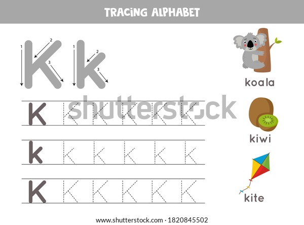 Tracing all\
letters of English alphabet. Preschool activity for kids. Writing\
uppercase and lowercase letter K. Cute illustration of koala, kiwi,\
kite. Printable\
worksheet.