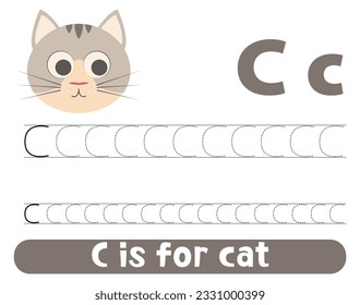 Tracing alphabet letter C with cute cat. Worksheet for children.